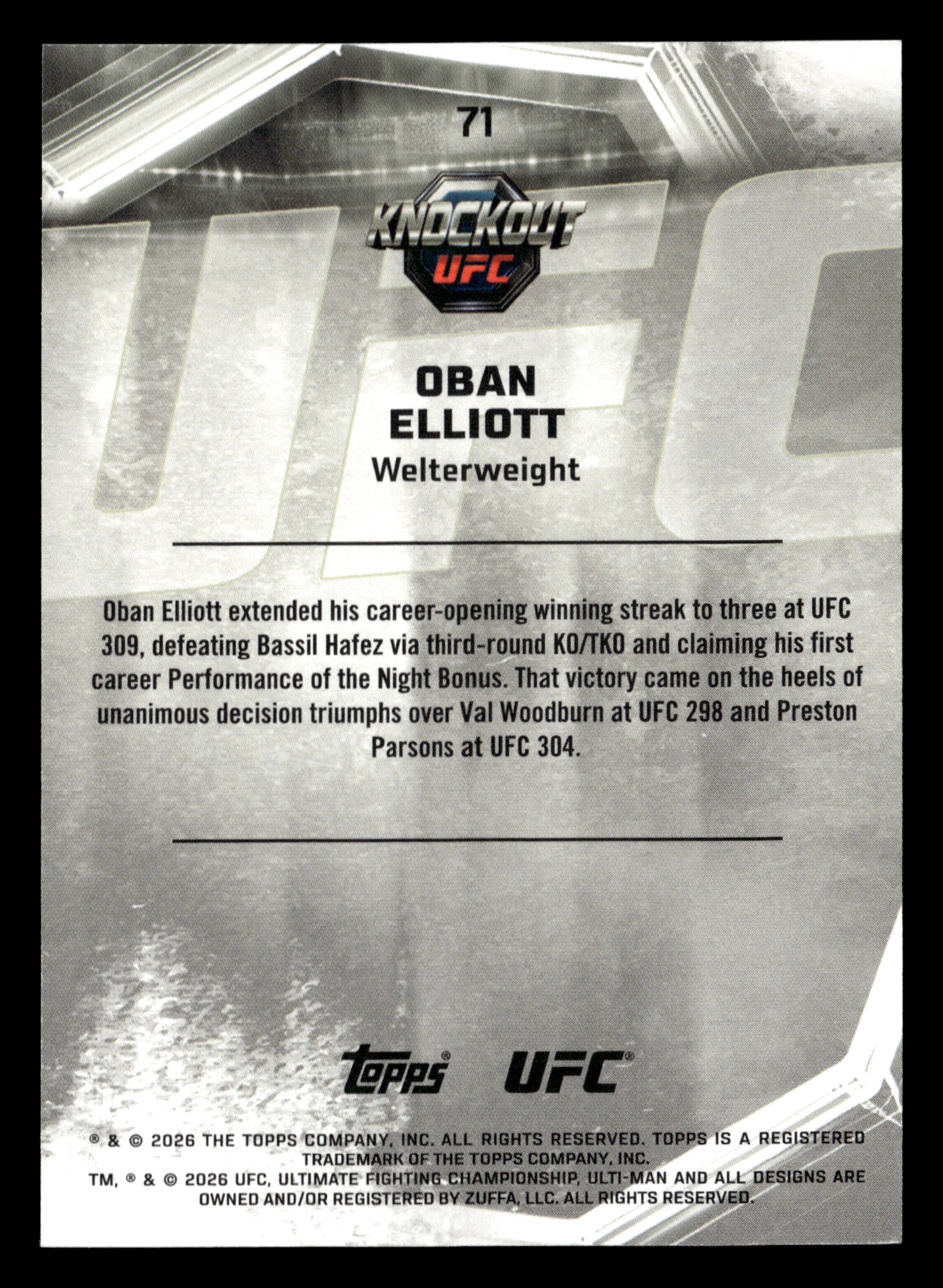 2026 Topps Knockout UFC #71 Oban Elliott Teal #/149 - Image 2