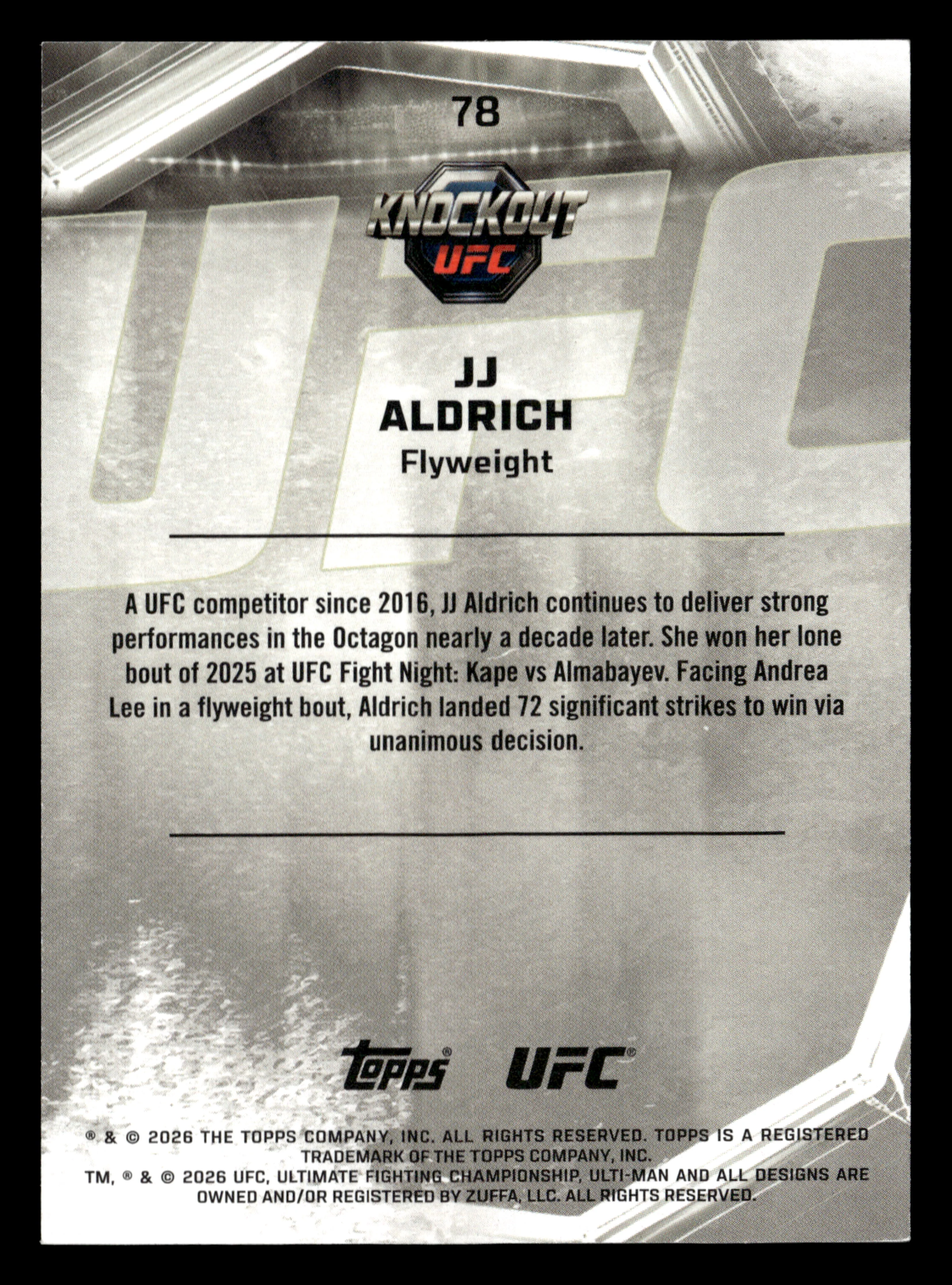 2026 Topps Knockout UFC #78 JJ Aldrich Gold #/199 - Image 2