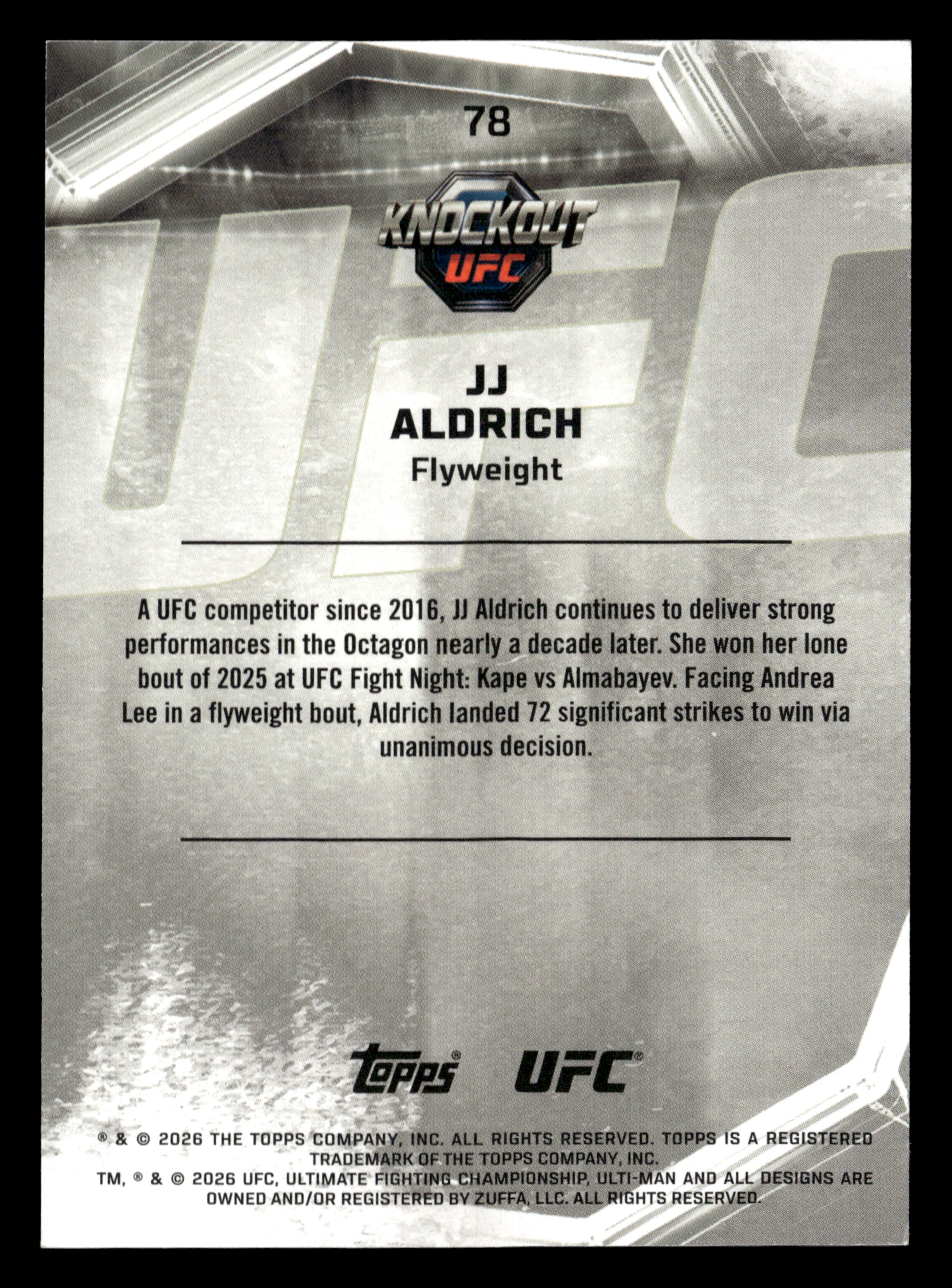2026 Topps Knockout UFC #78 JJ Aldrich Lime Green #/99 - Image 2