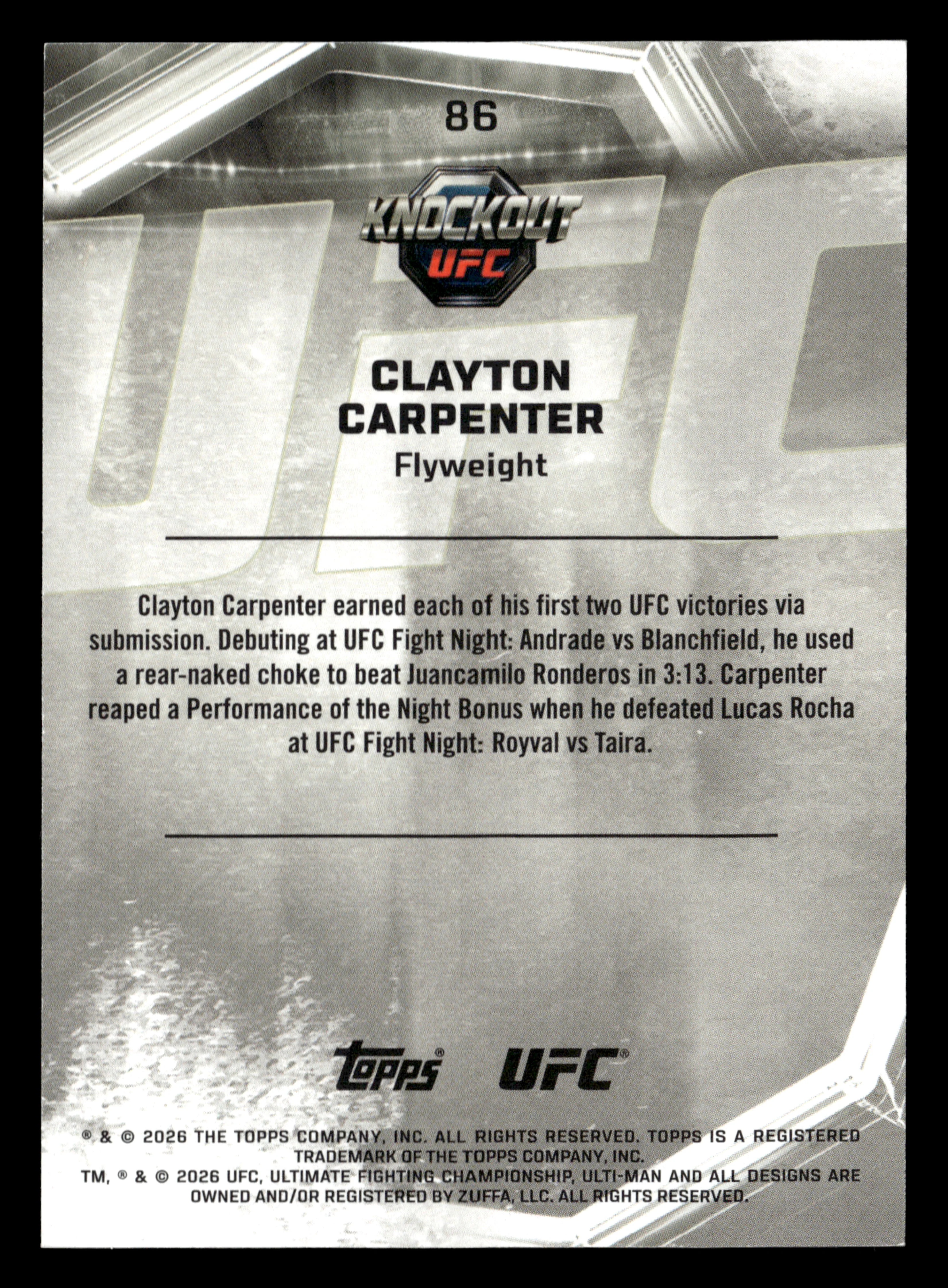 2026 Topps Knockout UFC #86 Clayton Carpenter Holo Silver #/125 - Image 2