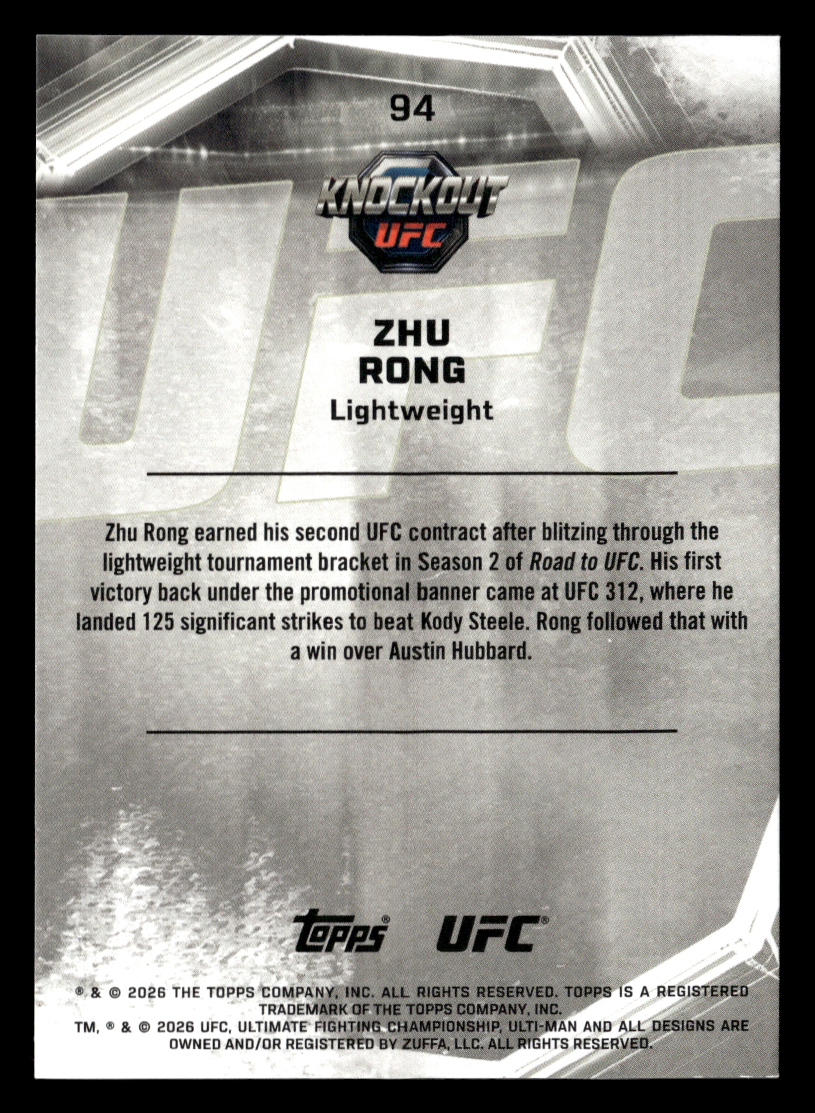 2026 Topps Knockout UFC #94 Zhu Rong Bronze #/299 - Image 2