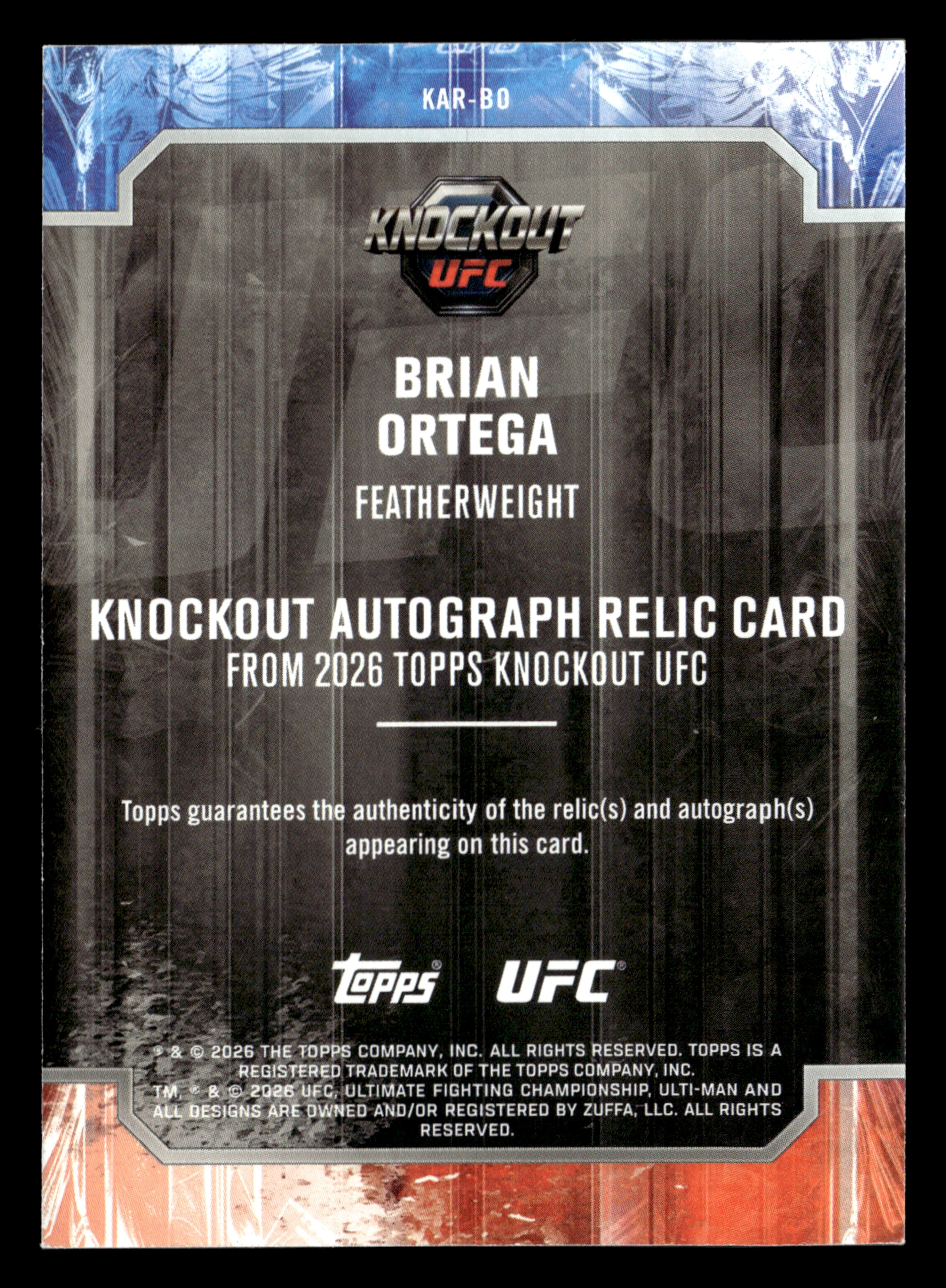2026 Topps Knockout UFC #KAR-BO Brian Ortega Knockout Autograph Relics #/299 - Image 2