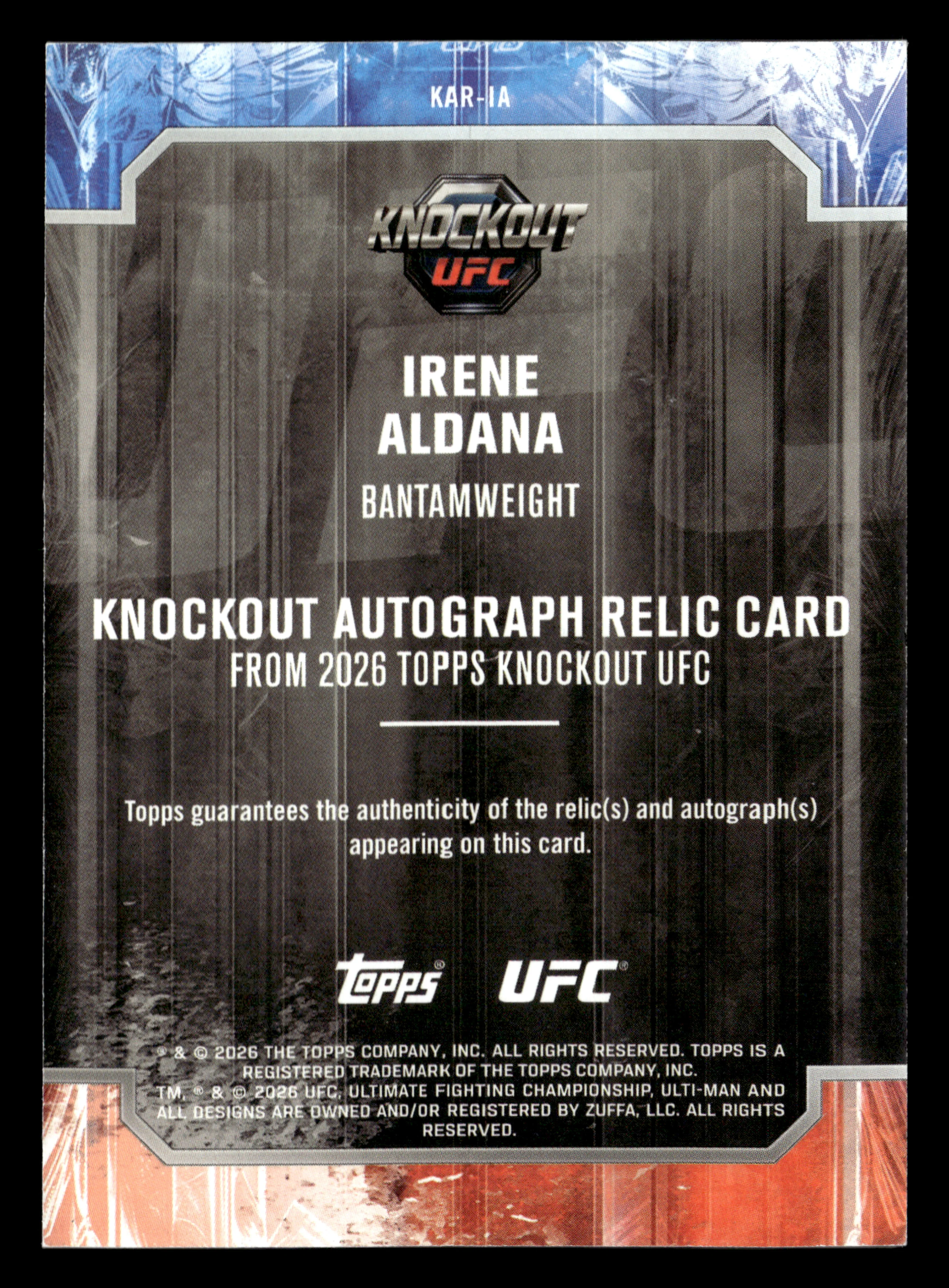 2026 Topps Knockout UFC #KAR-IA Irene Aldana Knockout Autograph Relics #/299 - Image 2