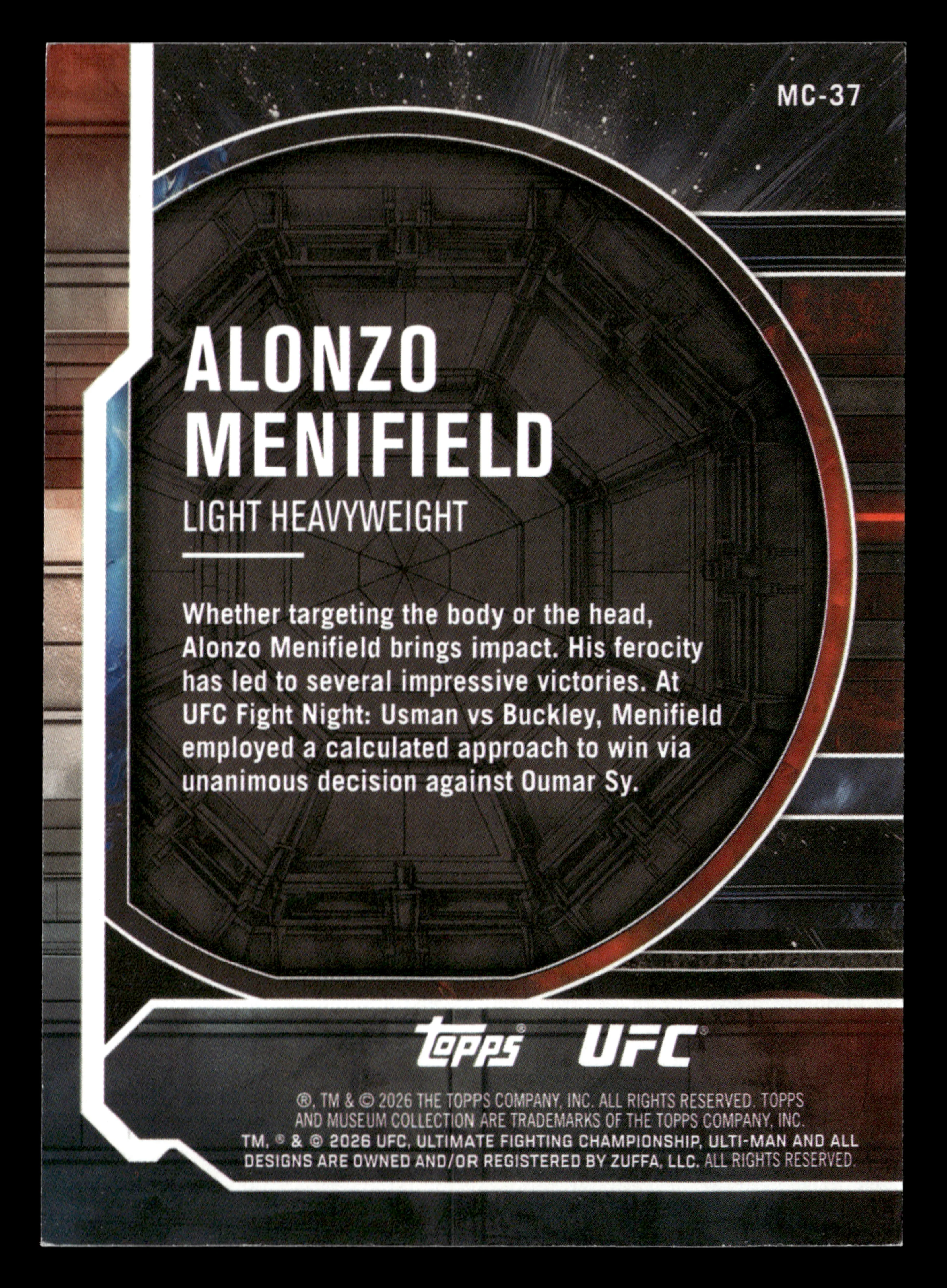 2026 Topps Knockout UFC #MC-37 Alonzo Menifield Museum Collection Red #/25 - Image 2