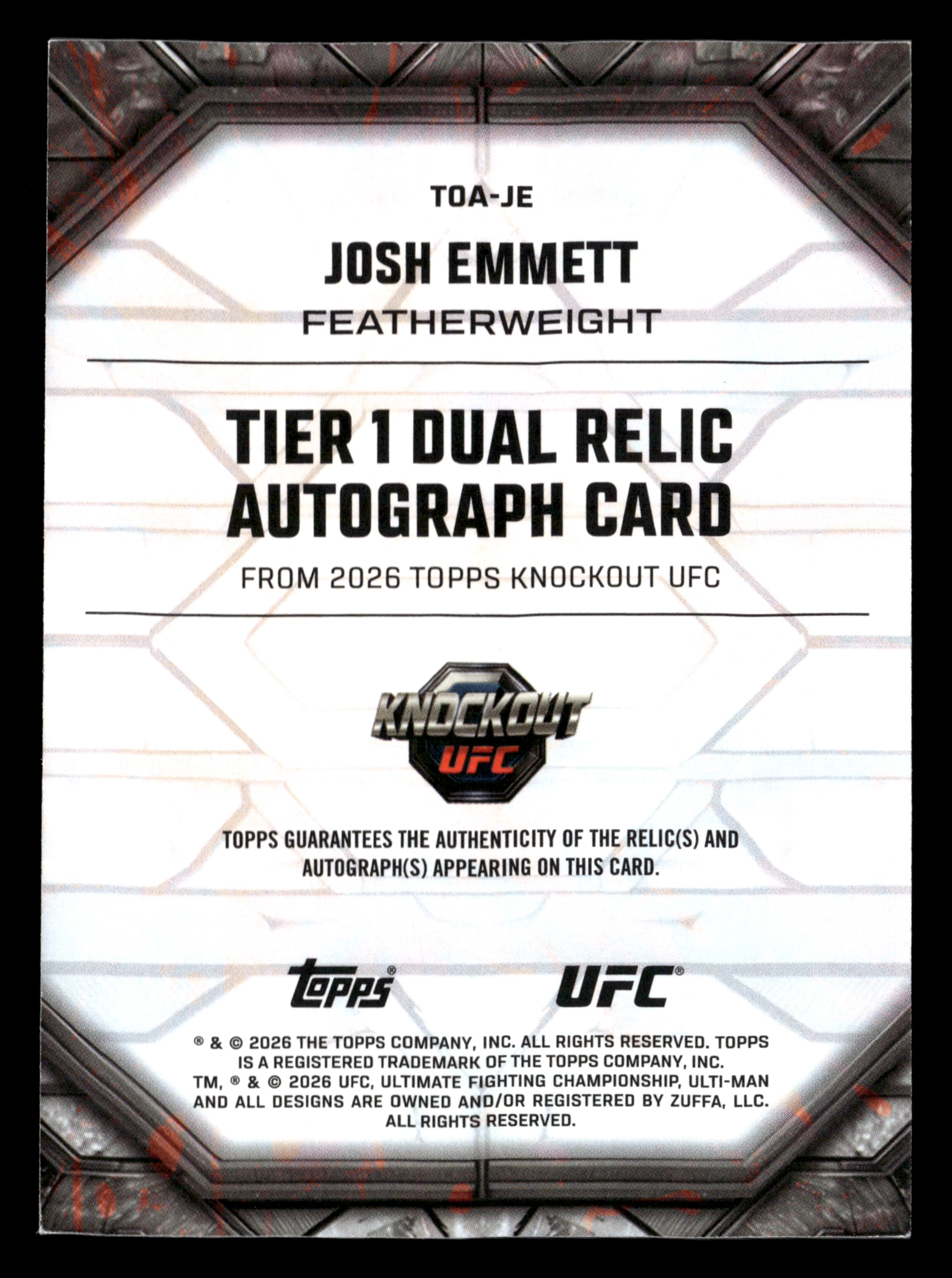 2026 Topps Knockout UFC #TOA-JE Josh Emmett Tier 1 Dual Relic Auto #/99 - Image 2