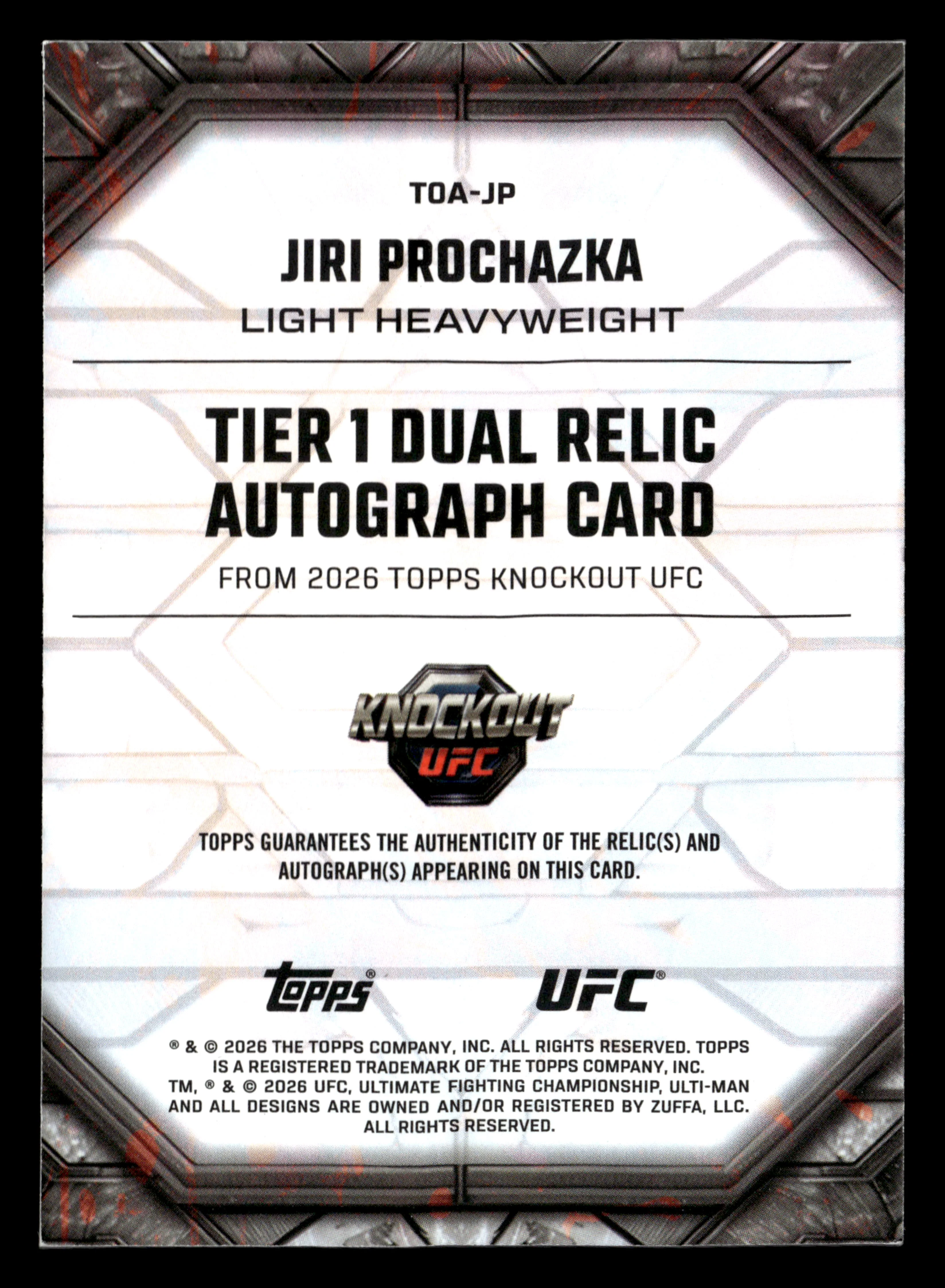 2026 Topps Knockout UFC #TOA-JP Jiri Prochazka Tier 1 Dual Relic Auto #/299 - Image 2