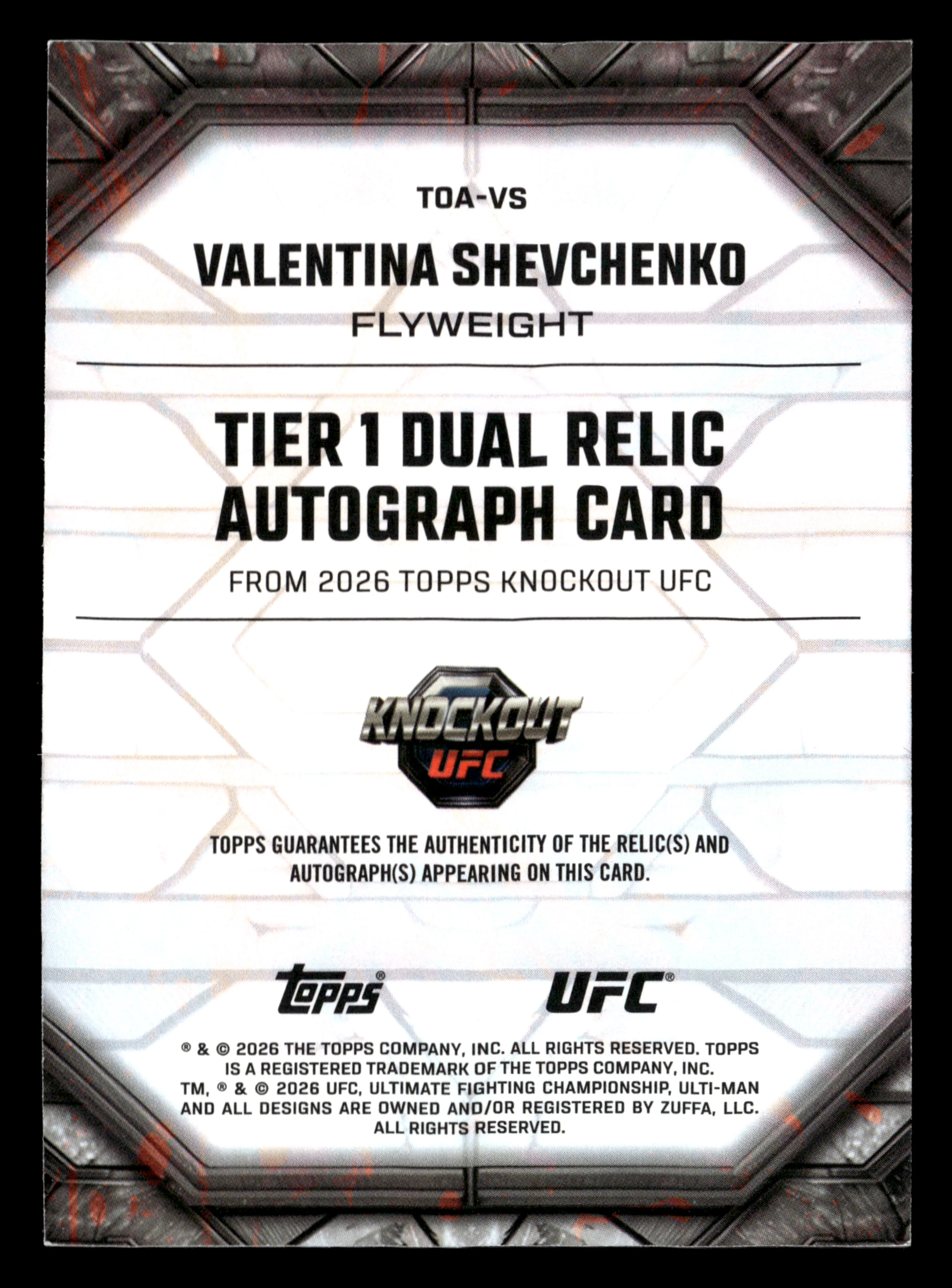 2026 Topps K'O UFC #TOA-VS Valentina Shevchenko Tier 1 Dual Relic Auto #/299 - Image 2