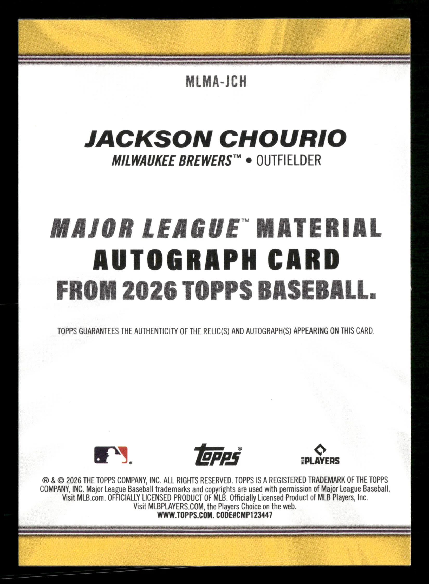 2026 Topps #MLMA-JCH Jackson Chourio Major League Materials Autographs Gold #/50 - Image 2