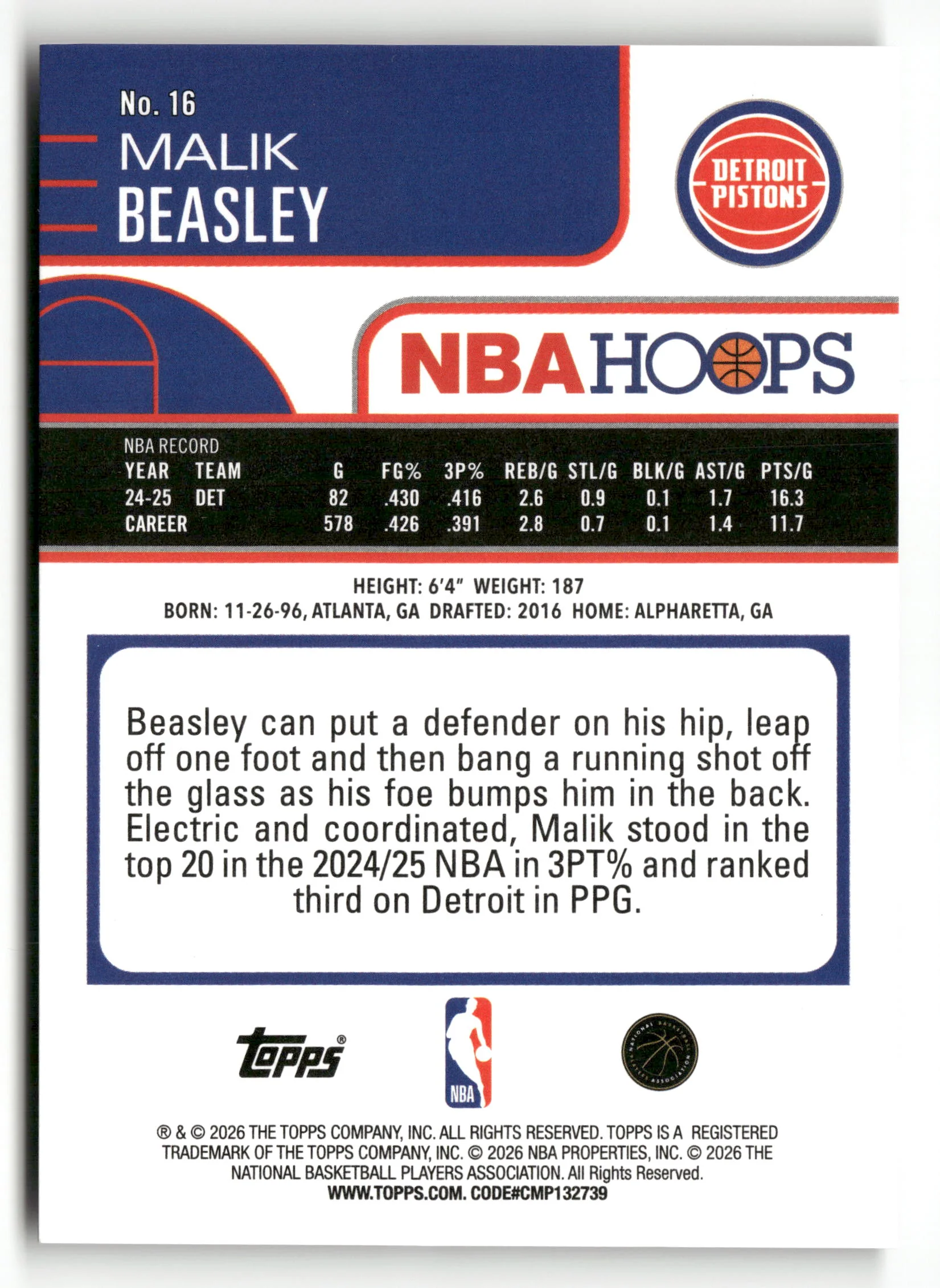 2026 Topps NBA Hoops #16 Malik Beasley Burst Black /10 - Image 2