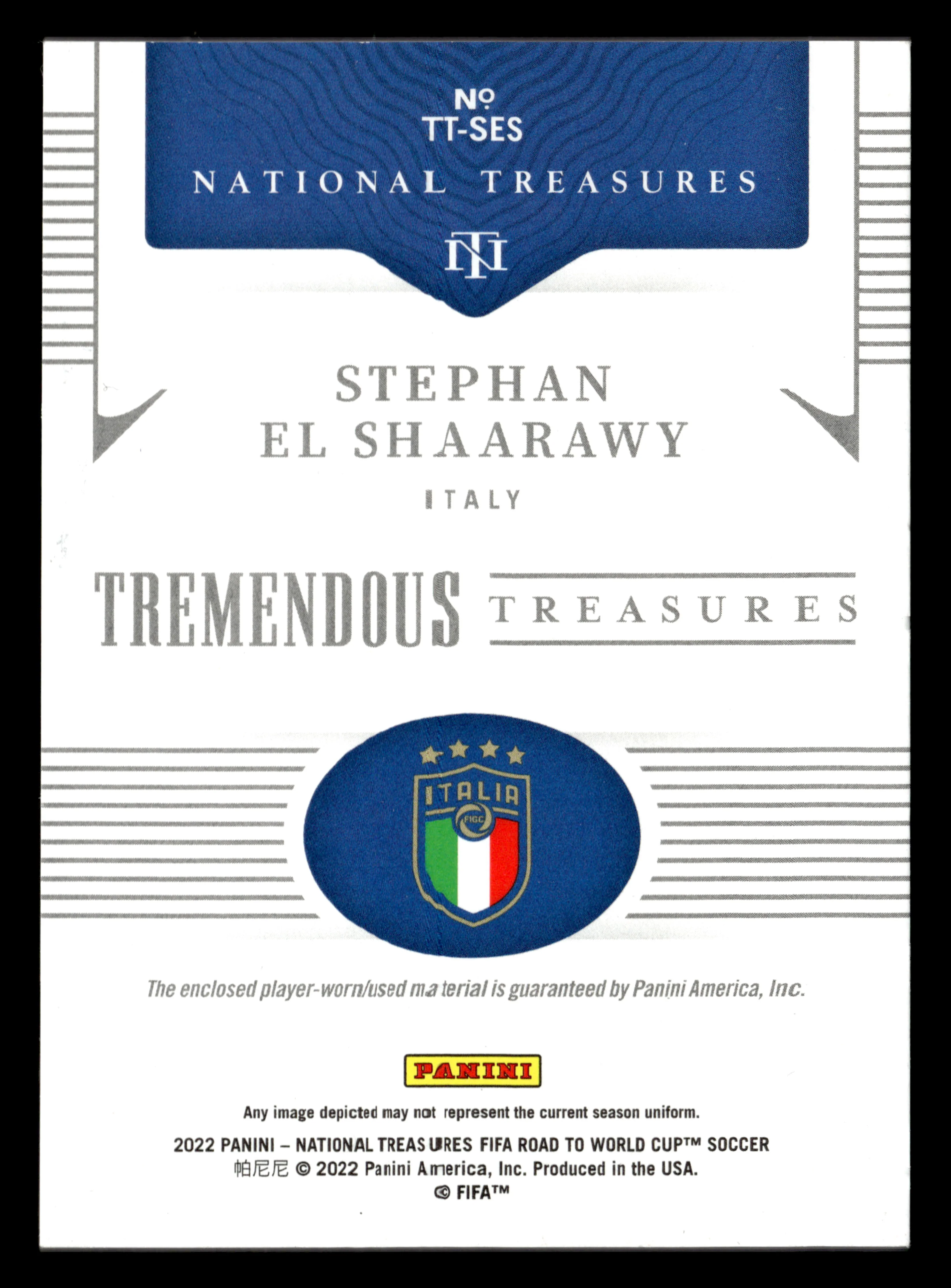 22 Panini National Treasures FIFA RtWC #TT-SES Stephan El Shaarawy Sapphire #/49 - Image 2
