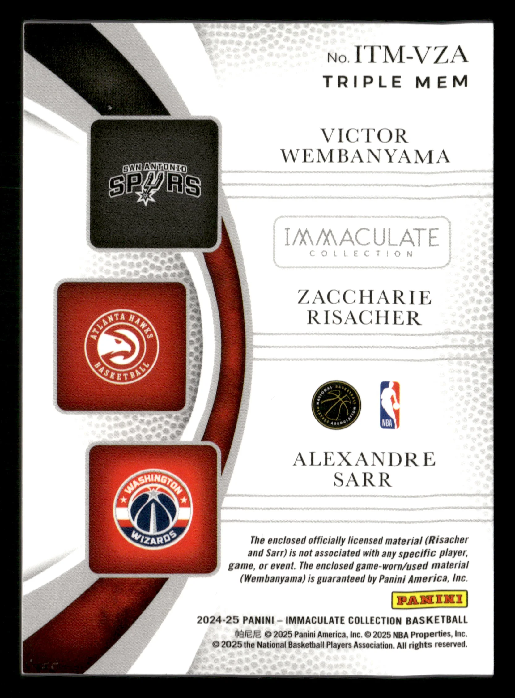24/25 Panini Immaculate Collection #ITM-VZA Wembanyama/Sarr/Risacher /99 - Image 2