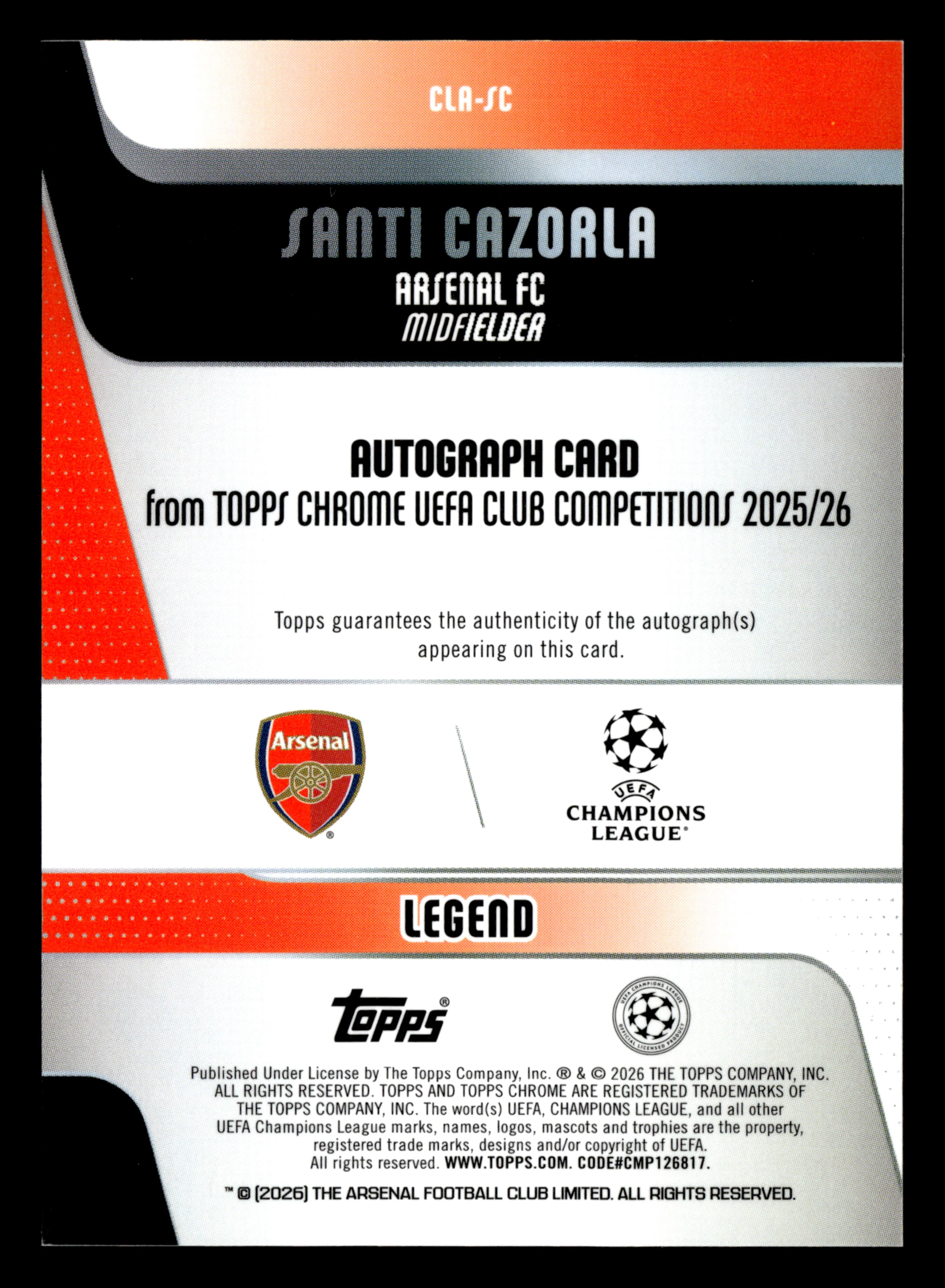 25-26 Topps Chrome UCC #CLA-SC S.Cazorla Legends Auto Orange Geometric #/25 - Image 2